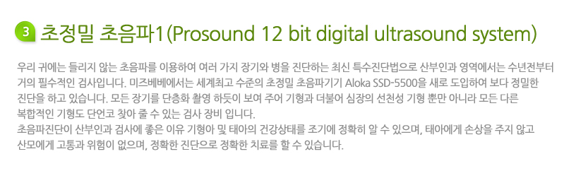 초정밀 초음파1(Prosound 12 bit digital ultrasound system) 란? 우리 귀에는 들리지 않는 초음파를 이용하여 여러 가지 장기와 병을 진단하는 최신 특수진단법으로 산부인과 영역에서는 수년전부터 거의 필수적인 검사입니다. 미즈베베에서는 세계최고 수준의 초정밀 초음파기기 loka SSD-5500을 새로 도입하여 보다 정밀한 진단을 하고 있습니다. 모든 장기를 단층화 촬영 하듯이 보여 주어 기형과 더불어 심장의 선천성 기형 뿐만 아니라 모든 다른 복합적인 기형도 단언코 찾아 줄 수 있는 검사 장비 입니다. 초음파진단이 산부인과 검사에 좋은 이유 기형아 및 태아의 건강상태를 조기에 정확히 알 수 있으며, 태아에게 손상을 주지 않고 산모에게 고통과 위험이 없으며, 정확한 진단으로 정확한 치료를 할 수 있습니다.